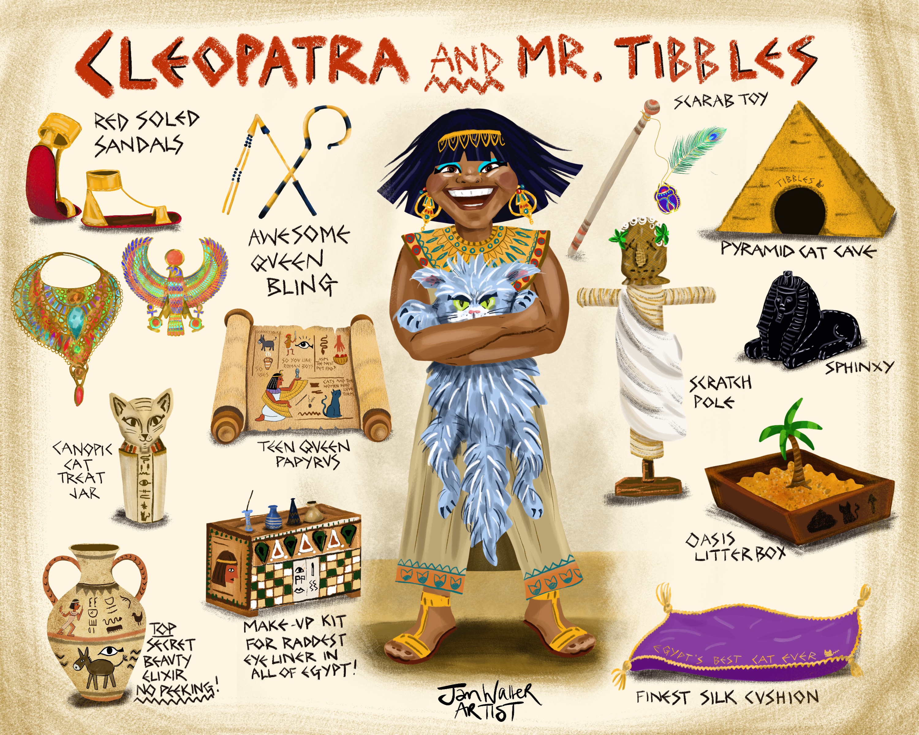 Work produced in response to Make Art That Sells Illustrating Children’s Books 2021 course, text Cleopatra and Mr Tibbles  by and ownership of Zoe Tucker